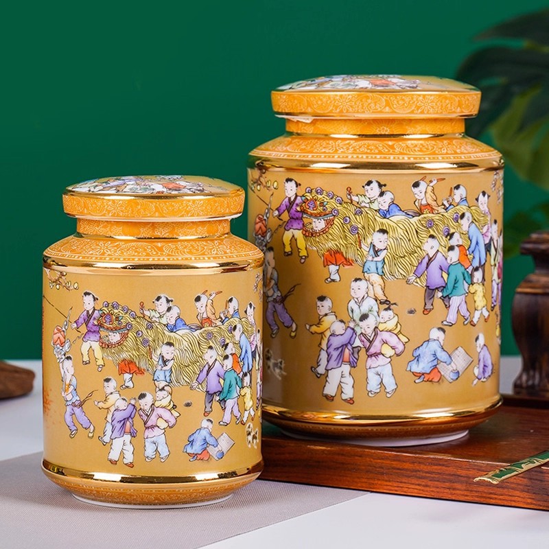 热卖景德镇中式复古茶叶罐 高端珐琅彩童趣圆柱陶瓷罐 茶室伴手礼