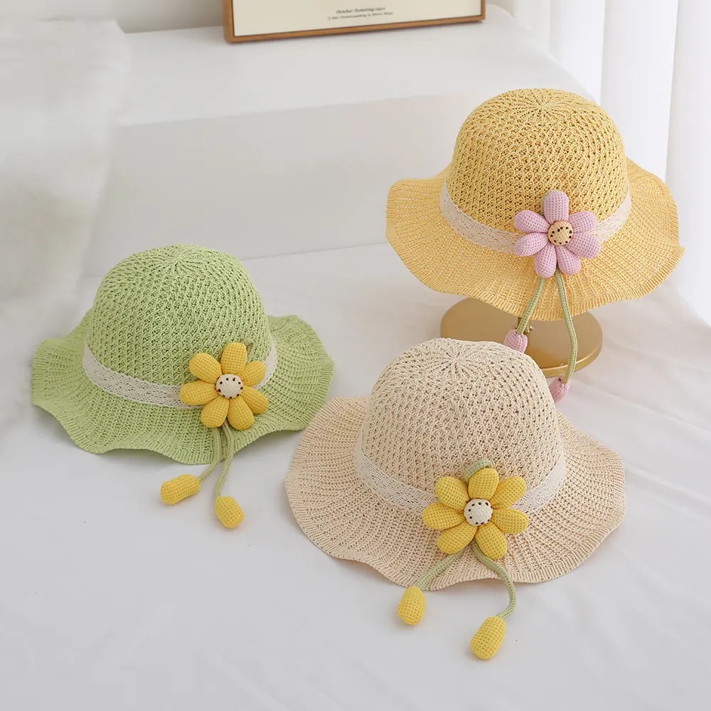 Sombrero de paja para niños, niños y niñas, sombrilla, sombrero de pescador, viento de princesa de verano, sombrero de sol, sombrero de paja de playa con lazo de flores