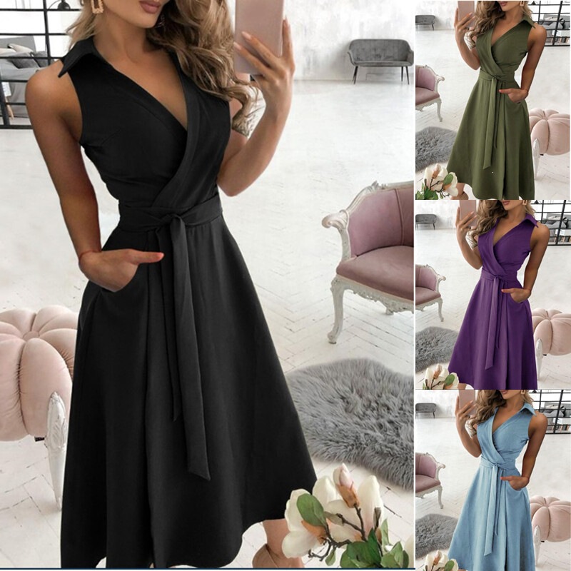 V-Neck Sleeveless Dress with Tie, Instantly Transforms into a Waist-Cinching Style, Large Pockets, Practical, Popular European and American Cross-Border Style, Elegant Commuter Dress