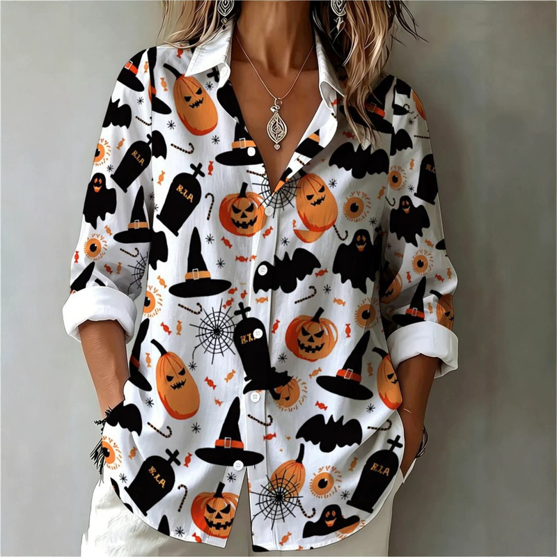 2026 new European and American cross-border Halloween pumpkin print long-sleeve shirt, women's loose-fitting casual top with a turn-down collar 2026 new European and American cross-border Halloween pumpkin print long-sleeve shirt, women's loose-fitting casual top with a turn-down collar