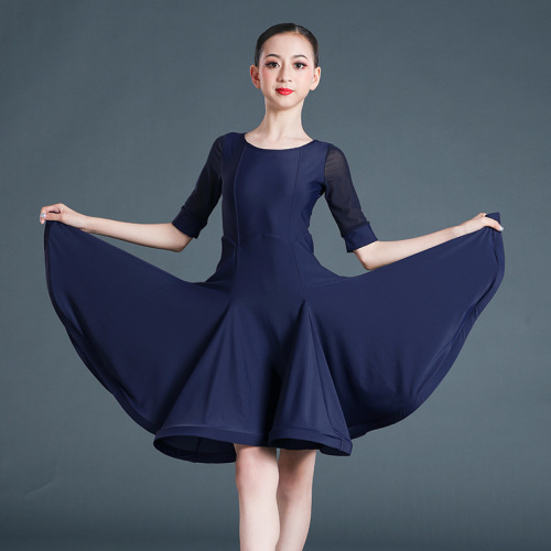 Children girls Black red navy ballroom latin dance dresses for kids Rumba practice clothes children performance clothes Latin dance costumes regulation clothes