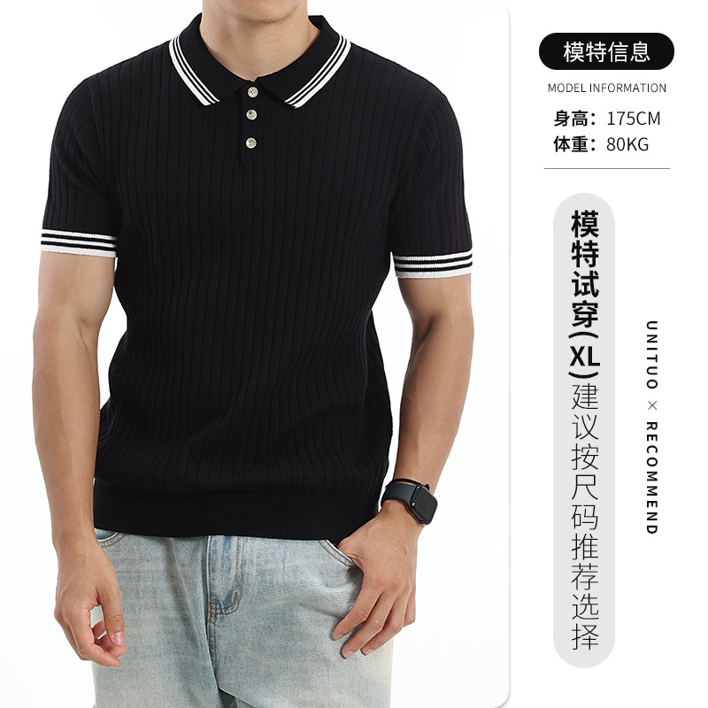 Verano Europa y América transfronterizos hombre collar de contraste vertical rayas de hielo polo camisa transpirable de mangas cortas de negocios ropa casual para hombres