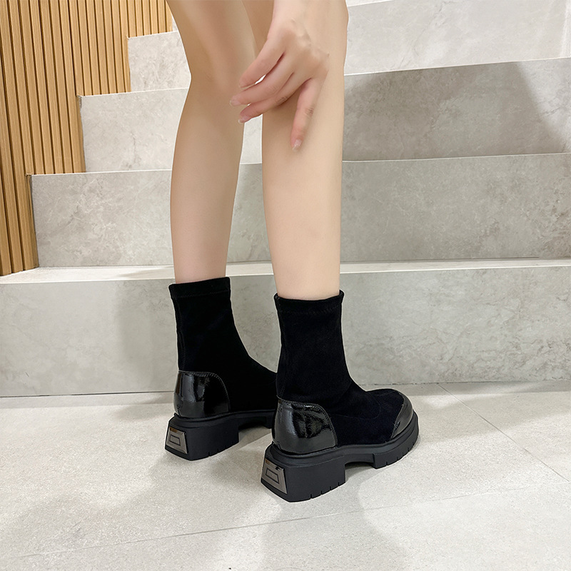 2025新款羊京绒面休闲鞋女韩版厚底一脚蹬高筒女靴子显瘦弹力靴女|undefined