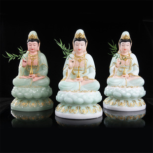 Synthetic white marble and stone powder green Guanyin Bodhisattva Buddha statue home worship sitting lotus Nanhai Guanyin statue 16/19 inch