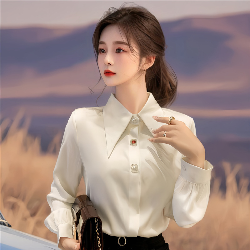 AI Figure in stock Autumn New Korean Style Loose Elegant High Satin White Long Sleeve Shirt Women's Top Formal