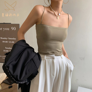 Hot Girl Versatile Pure Color Camisole Women's Belt Integrated Chest Pad Spaghetti Straps Slimming Look Bottoming Tube Top Trbottomy Outer Wear