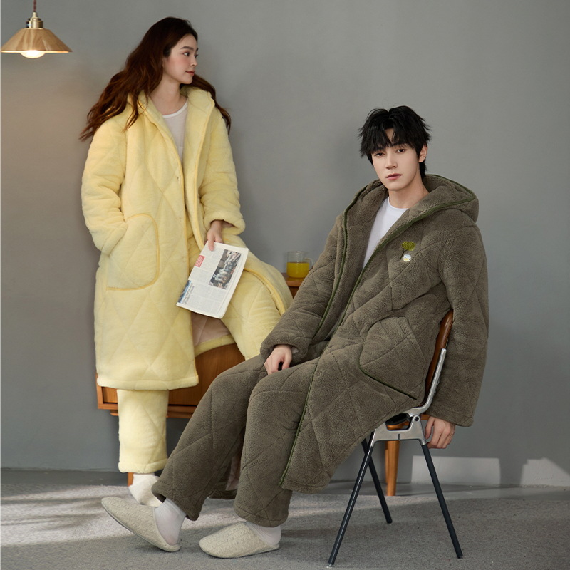 冬季保暖三层夹棉情侣睡袍加厚加绒都感觉棉袄新款高档带帽秋冬天