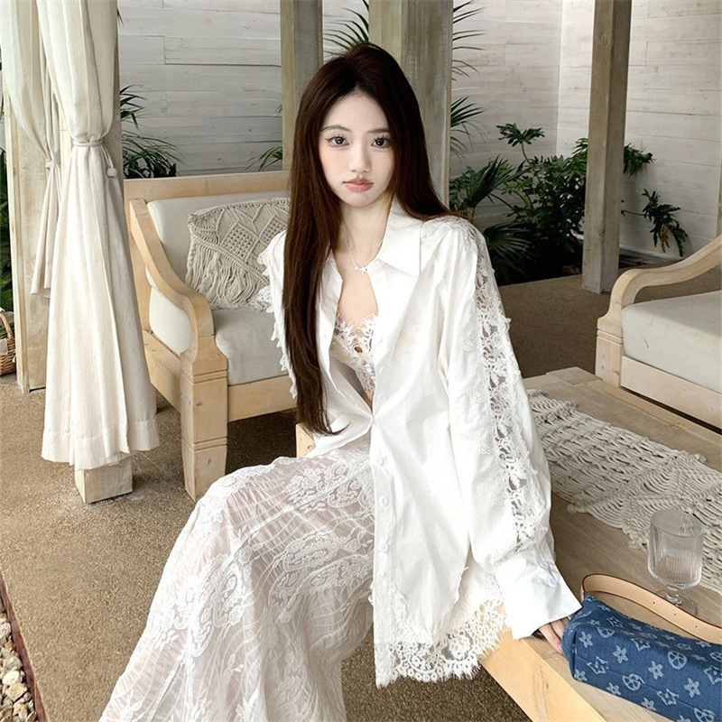 White Heavy-Duty Embroidered Lace Splicing Sun Protection Shirt Jacket Women's Summer Design Loose Mid-Length Long-Sleeved Top