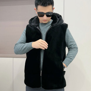 2024 autumn and winter men's fur one-piece vest warm casual hat collar fashionable autumn and winter coat waistcoat