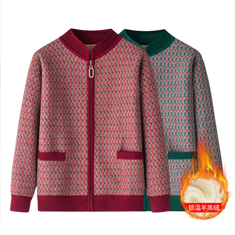 Мама осень застежка на молнии свитер 2024 новый трикотажный кардиган средняя пожилая бабушка бархатная теплая куртка топ