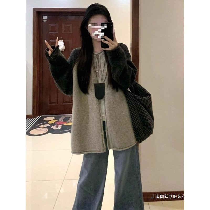 韩系拼色毛衣外套气质慵懒新款宽松秋冬灰色针织开衫上衣