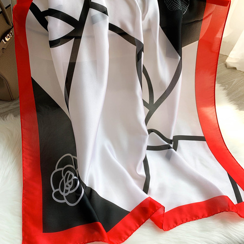 Summer Japanese and Korean new simulated silk camellia sunscreen scarf women's holiday scarf beach towel long air-conditioned shawl