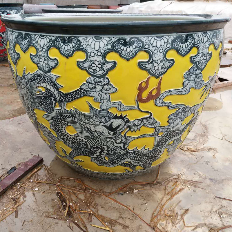 中式风雕刻龙纹图案陶瓷水缸工艺品 批发景德镇色釉大水缸养鱼缸|ms