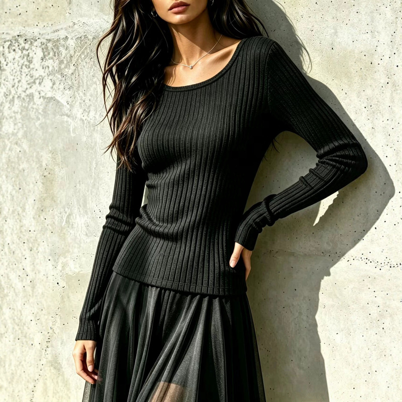 Cross-border European and American style round-neck ribbed stretchy knit casual women's slim-fit waist-cinching long-sleeve top Cross-border European and American style round-neck ribbed stretchy knit casual women's slim-fit waist-cinching long-sleeve top