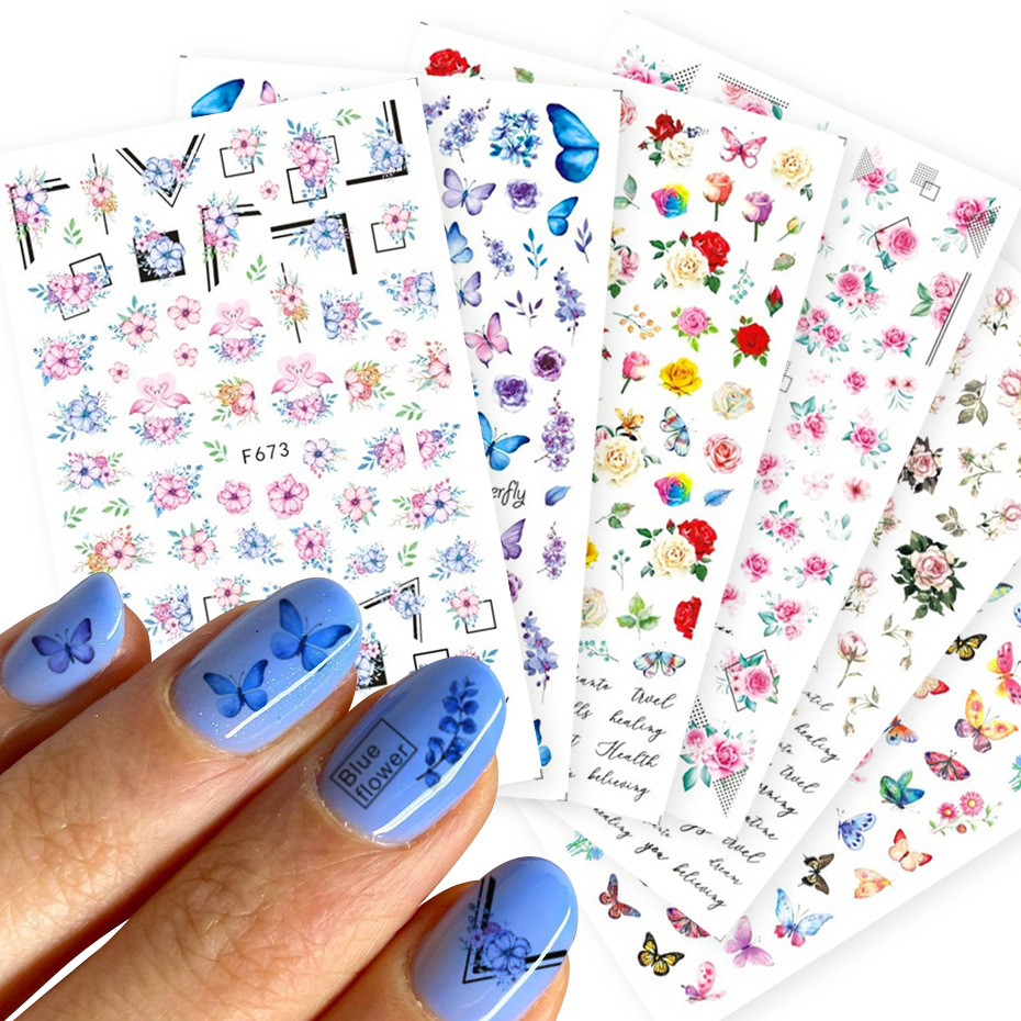 Cross-border source nail art stickers F series retro butterfly Mori rose flower color adhesive nail stickers nail