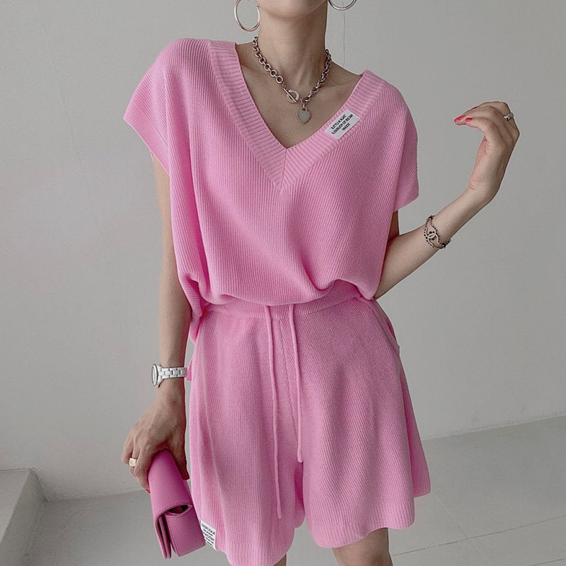 Sweet V Neck Loose Short-Sleeved Knitwear Drawstring High-Waisted Wide-Leg Pants Women's 2025 Summer Suit
