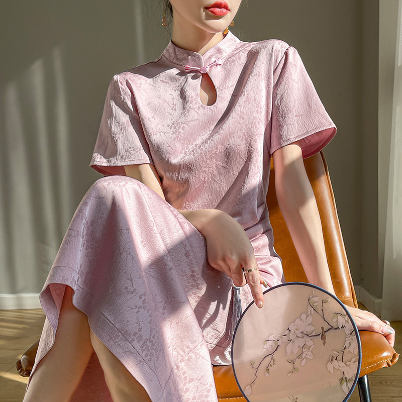 Heavy Jacquard Acetate Satin Cheongsam Dress for Women 2024 Spring and Summer New Retro Chinese Style New Chinese Short-Sleeved Dress