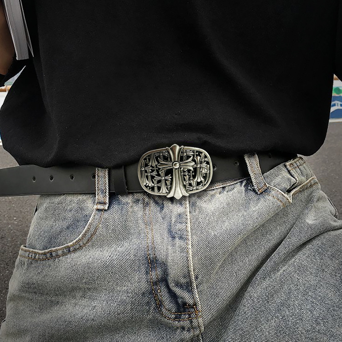 Croch Classic Cross Western Denim Trendy Stylist Belt Men's Pants with Vintage Buckle Hollow