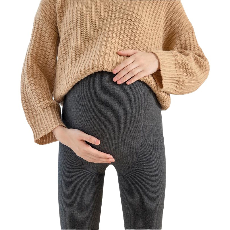 Medias de algodón para mujeres embarazadas rayas verticales otoño e invierno forradas de vellón engrosadas vientre cálido soporte ajustable de una pieza leggings para mujeres embarazadas