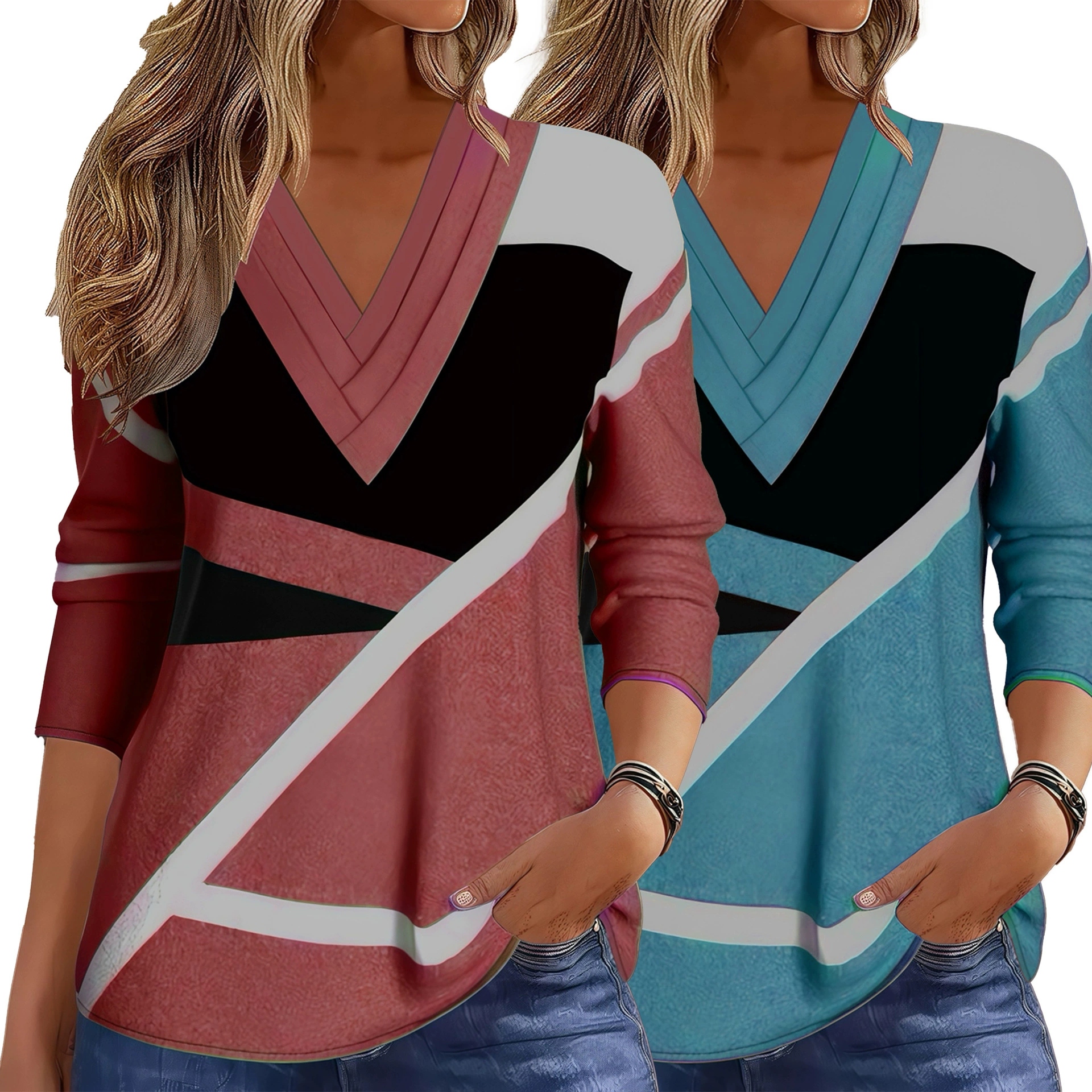 2025 Европейская и американская трансграничная Amazon AliExpress независимая станция, популярная поставка, цветная футболка с v-образным вырезом, контрастного цвета, женская футболка больших размеров