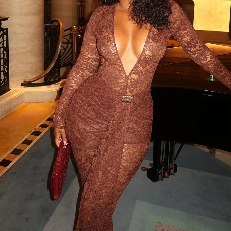Осеннее сексуальное кружевное длинный рукав, бодид и overall, европейский стиль, V-образный вырез