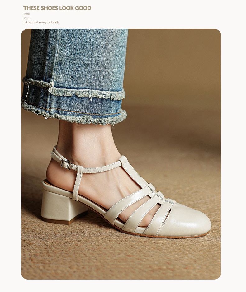 Sandal nữ da bò dệt rỗng mũi hở gót thô cao phong cách La Mã — màu nâu chi tiết 14