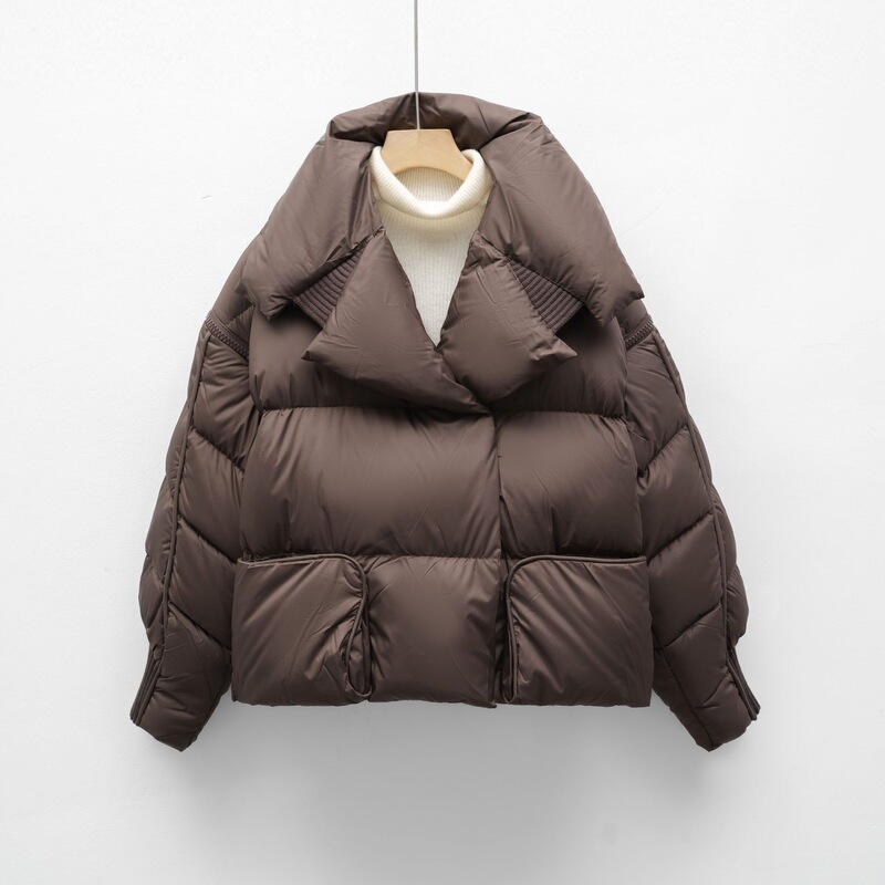 2025 Winter New Korean Style Knitted Splicing Large Lapel Short down Jacket Women's White Duck down Thickened Ultra-Light Jacket