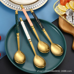 批發北歐創意網紅不鏽鋼勺子仿陶瓷柄花紋柄家用甜品調羹飯勺湯勺