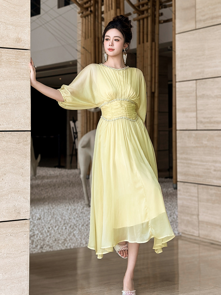 Đầm nữ cổ tròn tay lửng thắt eo phong cách Pháp thanh lịch — màu vàng