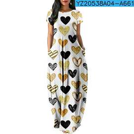 跨境新款长款圆领短袖收腰显瘦女士长裙性感3DA爱心印花