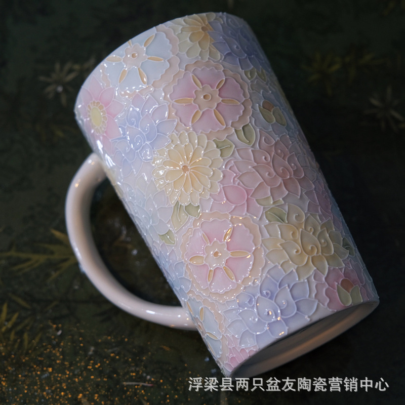 万花杯陶瓷水杯随行杯咖啡杯景德镇手绘陶瓷密封吸管杯送礼礼品|undefined