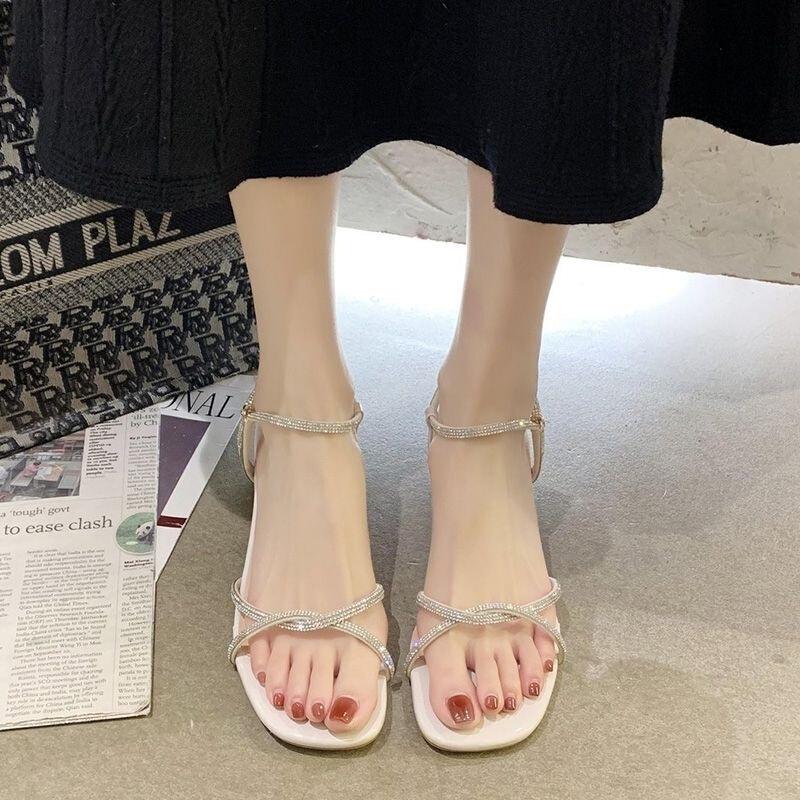 Fairy-Style New Elegant Sandals with Rhinestone Straps and Chunky Heels for Women, Suitable for Summer Wear, Square-Toed Height-Increasing Shoes