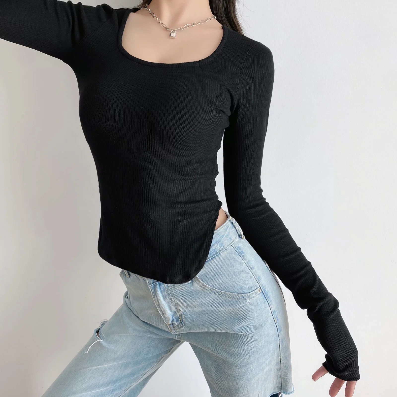 square neck irregular hem pit strip knitted T-shirt  NSAC32074