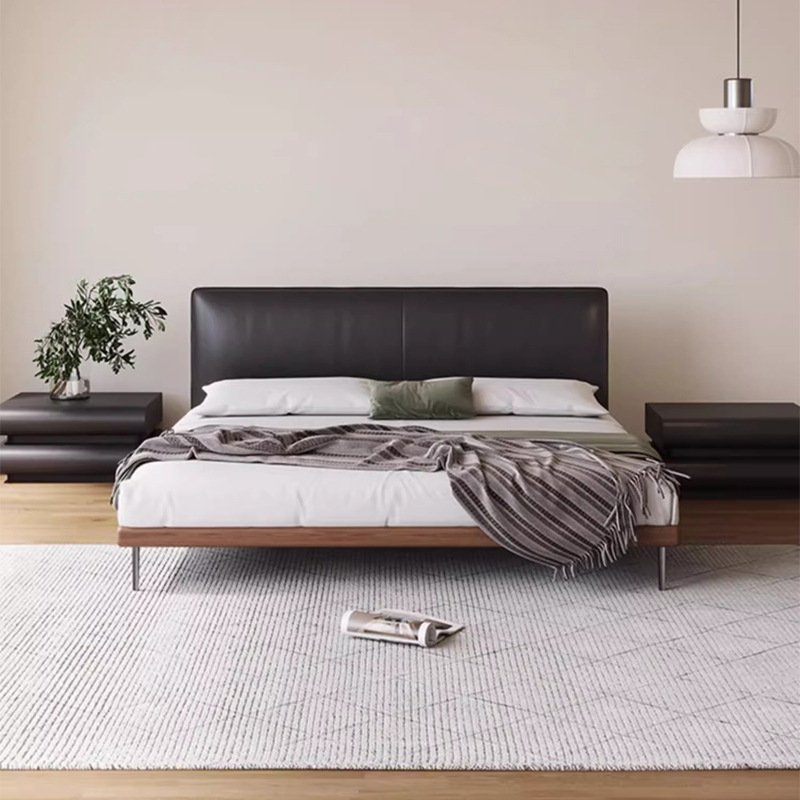 Cama de cuero minimalista italiana, cama negra delgada, cama de cabecera de estilo retro, cama de paquete suave moderna, cama de tofu delgada.