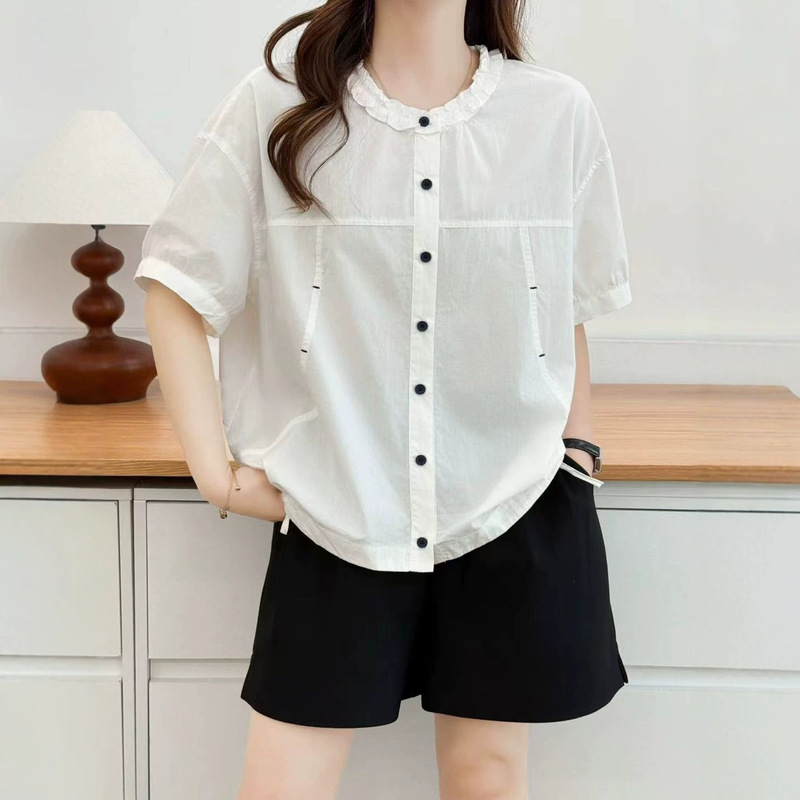 Solid Color Short-Sleeved Shirt 2026 Artistic Simple Lace Collar Design with Drawstring Hem Versatile Casual Top for Women Solid Color Short-Sleeved Shirt 2026 Artistic Simple Lace Collar Design with Drawstring Hem Versatile Casual Top for Women
