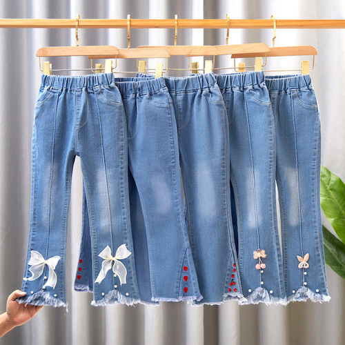 Children's Clothing Wholesale Girls Jeans Spring and Autumn Medium and Large Children's Wide Leg Pants Baby Casual Girls Flared Long Pants