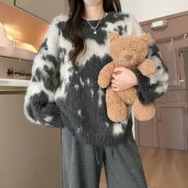 韩系慵懒复古时尚晕染提花套头毛衣女秋冬甜美风毛茸茸圆领针织衫