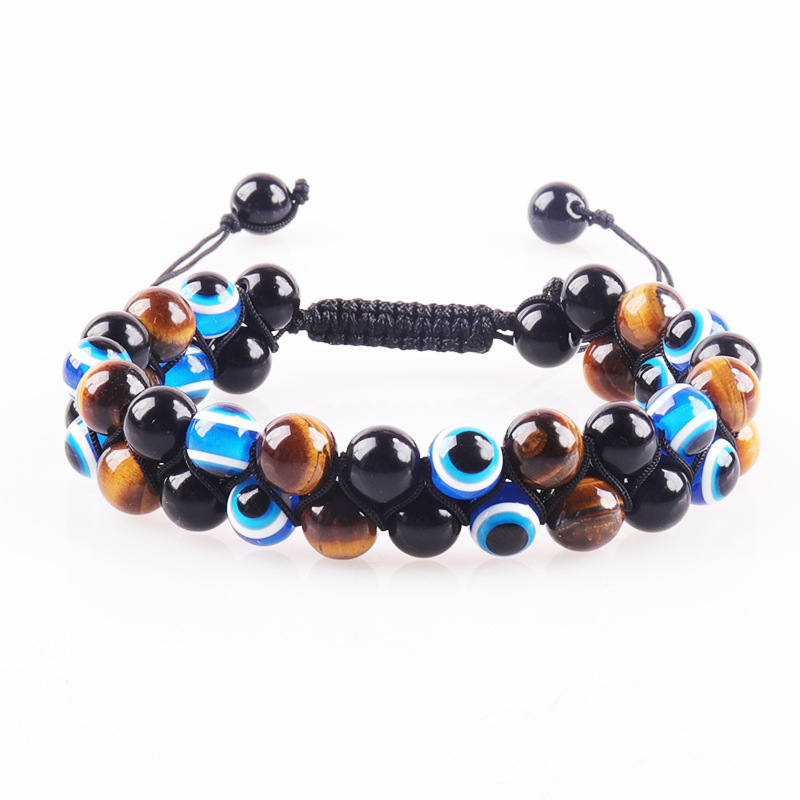 Evil Eye Tiger Eye Bracelet Obsidian Black Onyx Black Magnet Double Woven Double Row Devil Eye Bracelet
