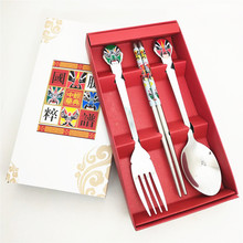 厂家批发 不锈钢贴花餐具 勺叉筷脸谱餐具 套装彩盒 三件套 易洗