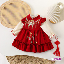 春秋新款女童连衣裙百天宝宝礼服生日抓周中式红色周岁婴儿公主裙