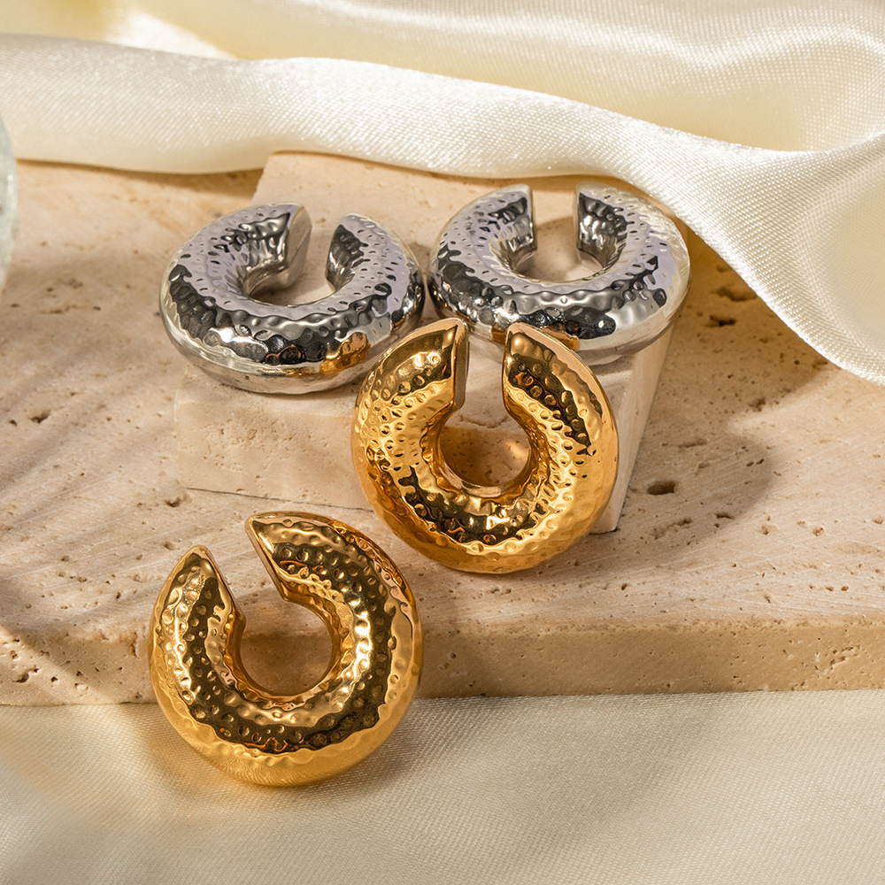 JD設計師款鋼色不鏽鋼紋理C形耳夾18K真金粗圓柱耳夾不掉色飾品