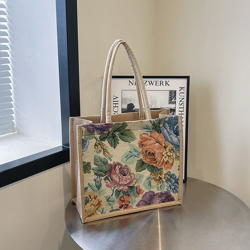 Большая льняная сумка-тоут 2025, новая цветочная сумка для поездок на работу, женская студенческая сумка через плечо