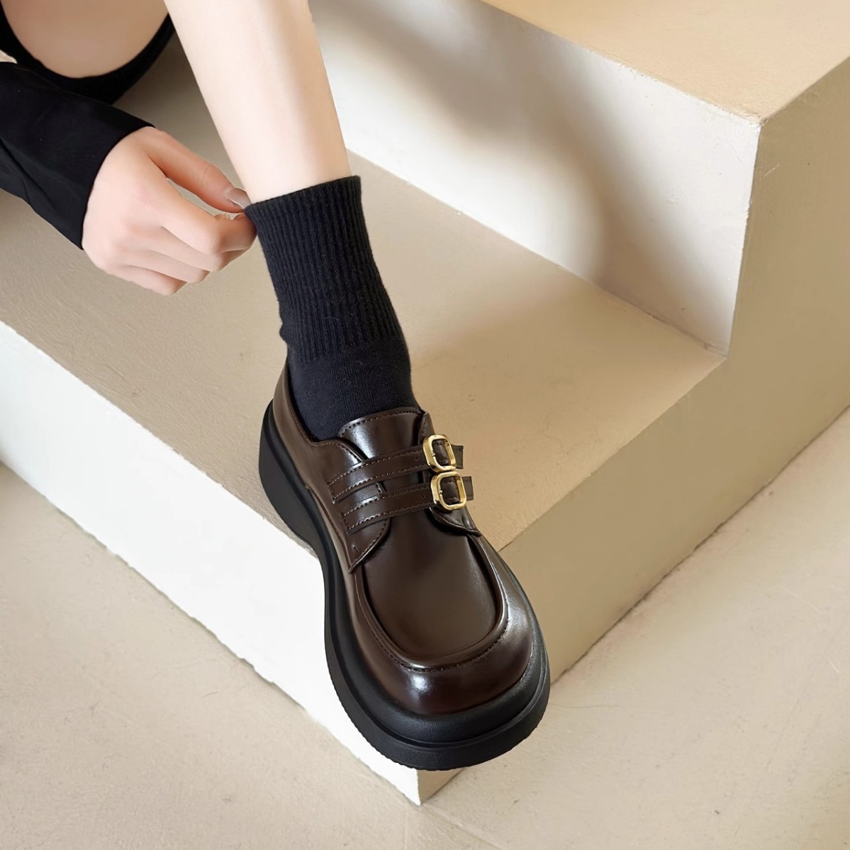 Demi-season warm loafers platform English style, Mary Jane shoes, British style, Collection Year 2025, easy to put on