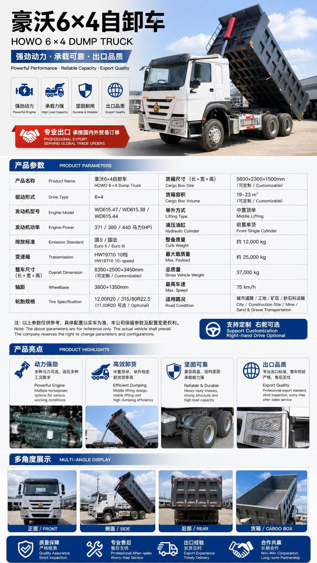 Cross-border HOWO 6x4 heavy-duty dump truck 371/380/440 can be converted to a right-hand drive Euro 2/Euro 3 dump truck