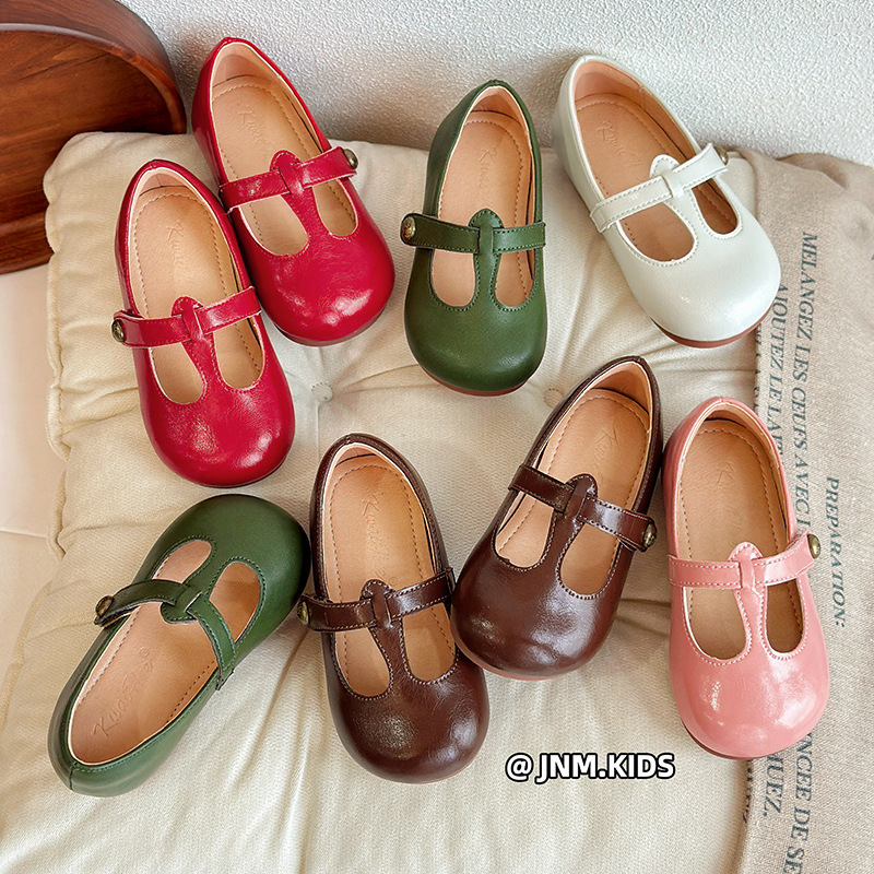 Korean Style Girls' Leather Shoes 2025 Autumn Children's Princess Shoes T-Strap Shallow Mary Jane Shoes Stylish Baby Granny Shoes