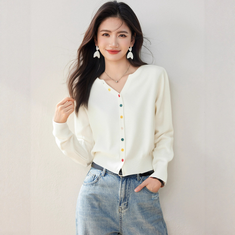 韩系v领开衫毛衣女2025秋季新款设计感彩色纽扣小个子短款针织衫|undefined