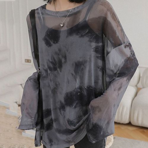 2025 New Loose Korean Style Tie-Dye Sheer Mesh Long-Sleeve T-shirt Trendy Sun Protection Base Shirt Thin Top Women