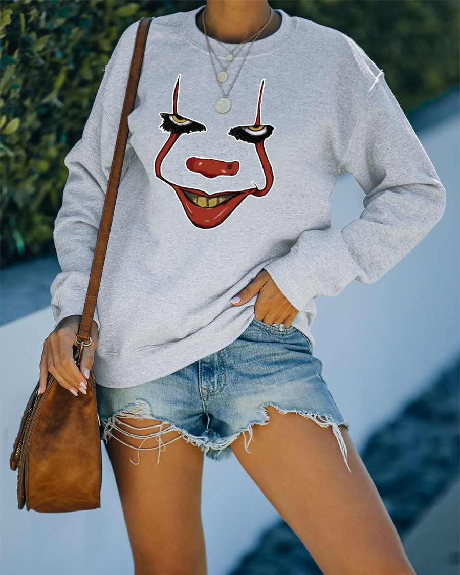 women s Halloween clown heat transfer loose round neck long-sleeved sweatshirt nihaostyles clothing wholesale NSMID78785