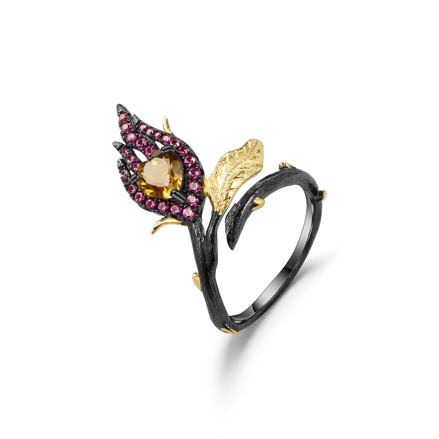 设计师款高级感花卉戒指可调节 自然风设计s925银天然黄晶戒指|ru
