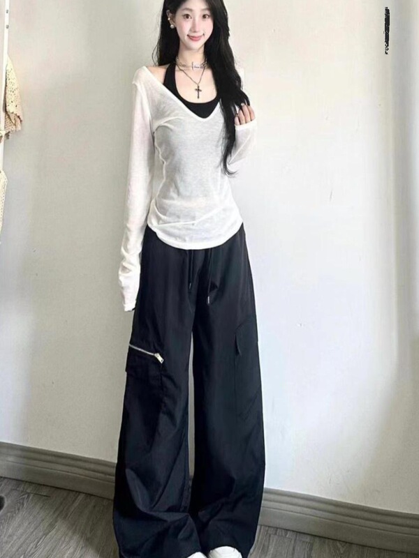 三件套女2025秋季纯欲风辣妹防晒长袖罩衫上衣吊带背心高腰阔腿裤|undefined